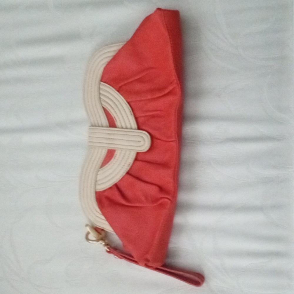 PERLINA New York Leather Clutch Wristlet Coral Orange n Cream